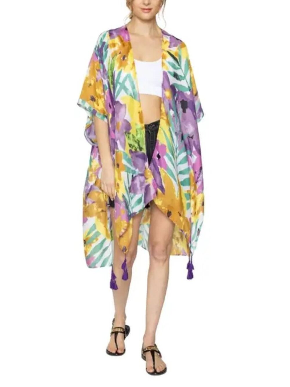 Do Everything in Love tasseled open kimono top large floral print boho topper OS